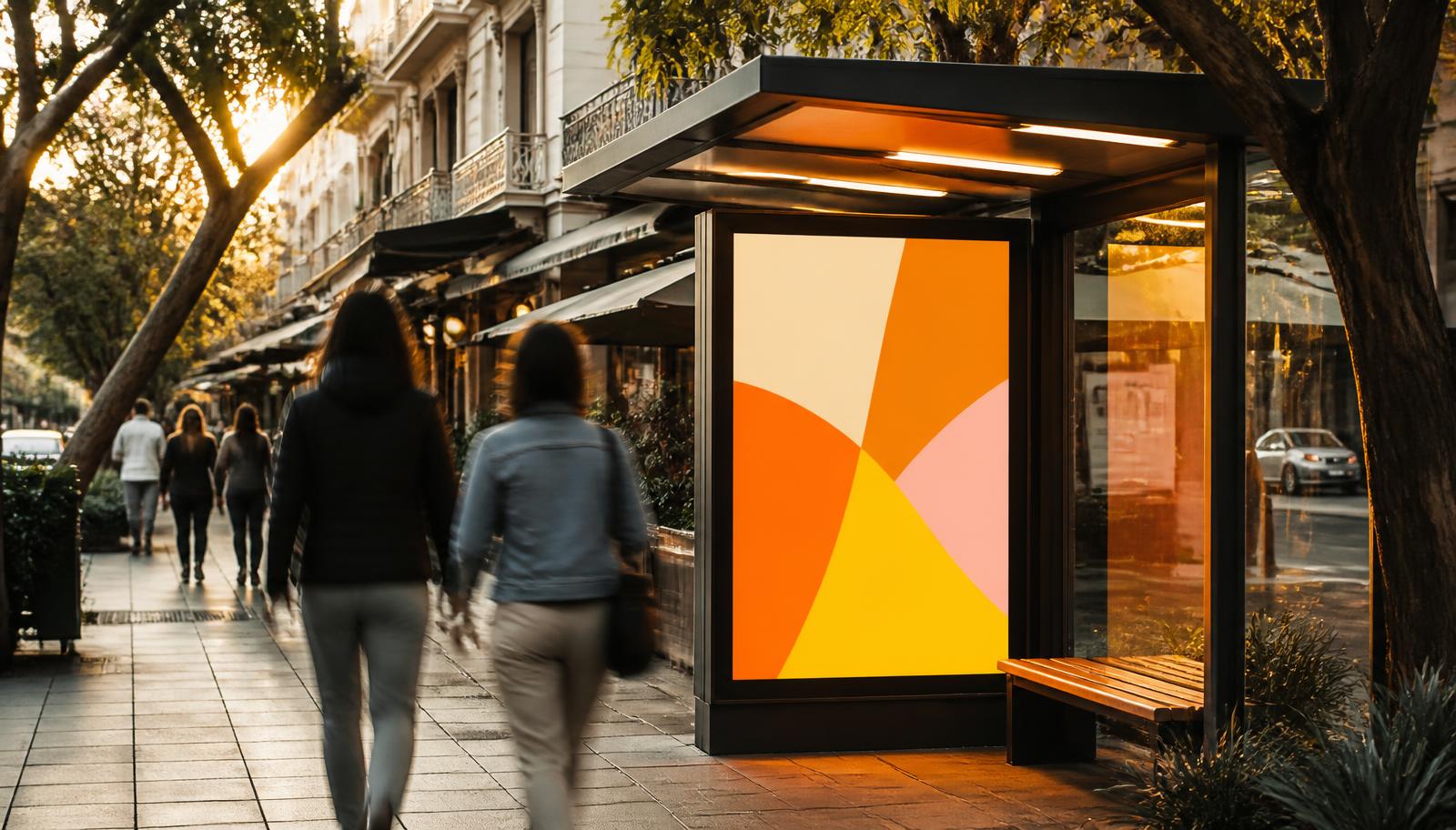 Illuminated bus shelter advertising panel on a busy Australian city footpath at golden hour.