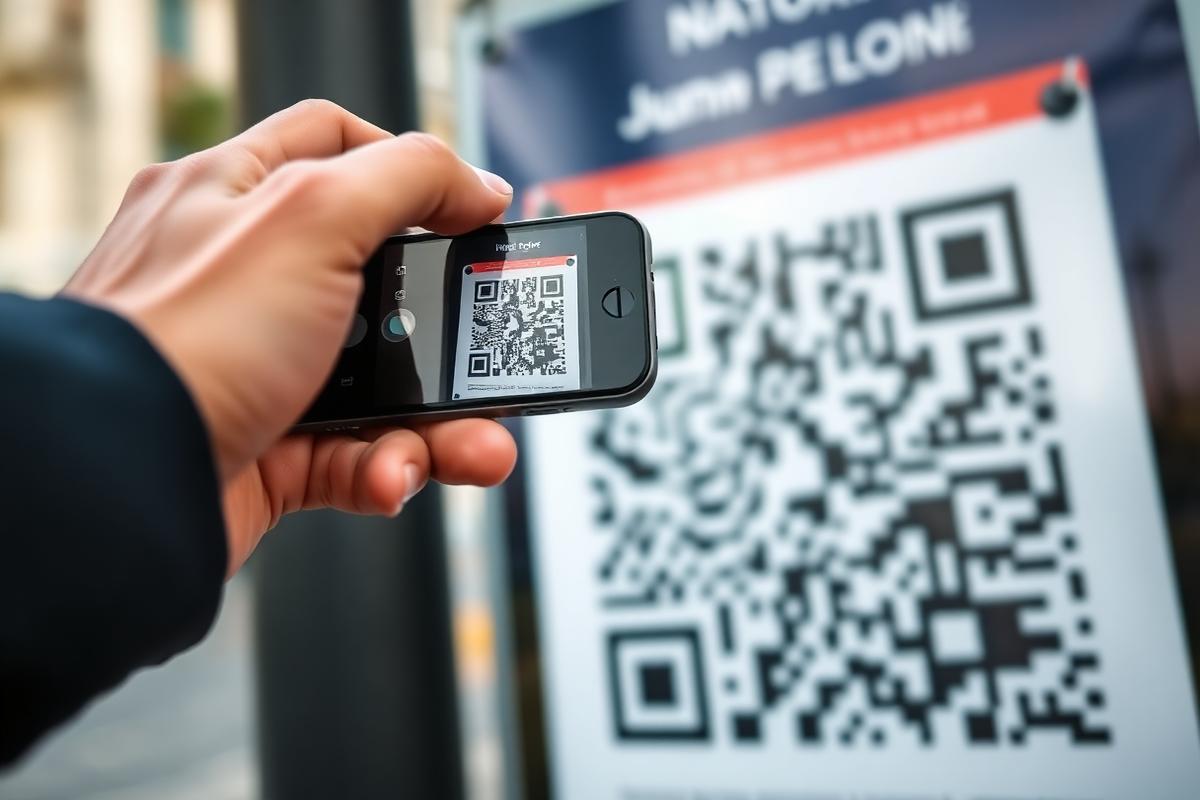 Hand holding a smartphone scanning a QR code printed on a street poster.