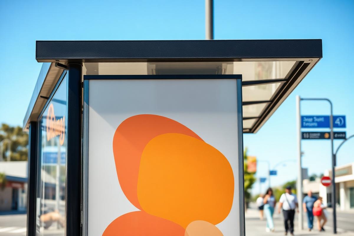 Suburban bus shelter with a bold static advertising poster at eye level.