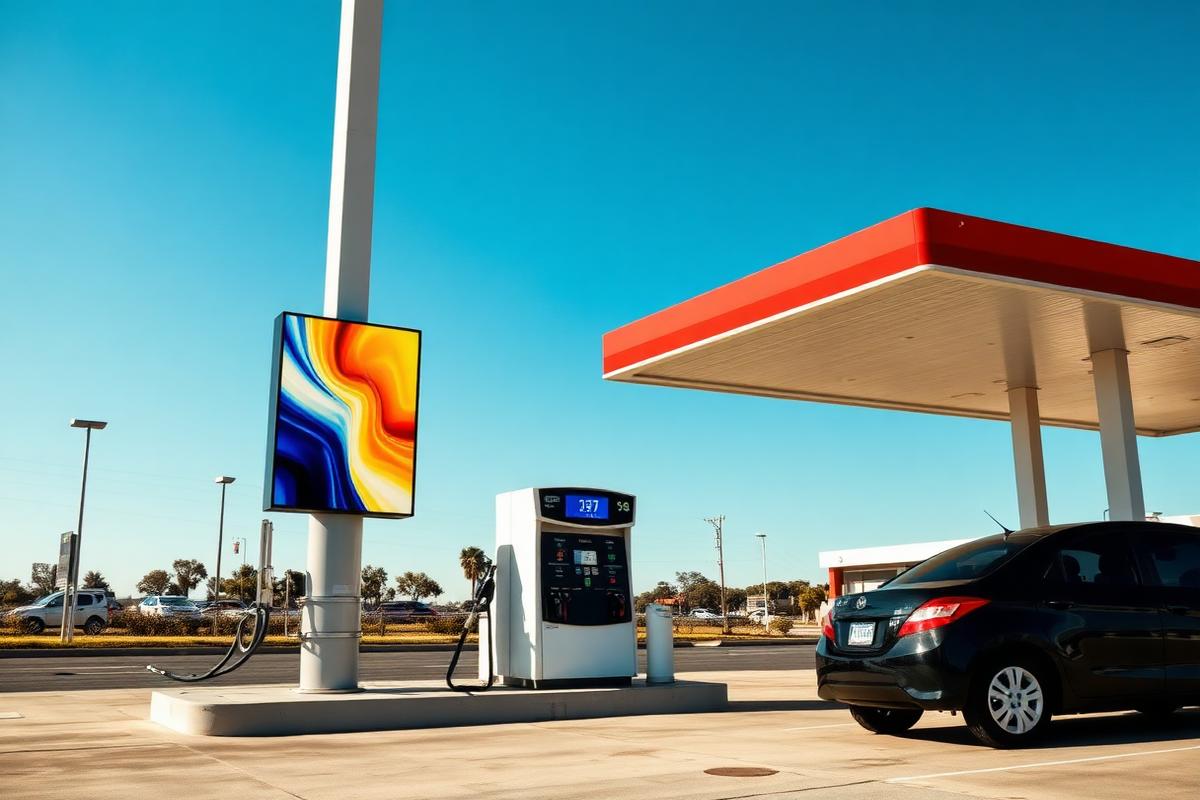 Digital advertising screen facing the pumps at an Australian fuel station.