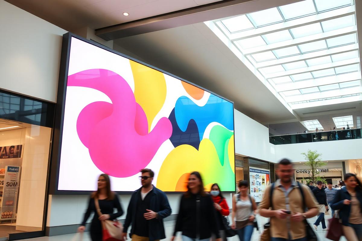 Portrait digital advertising screen inside a busy Australian shopping centre atrium.