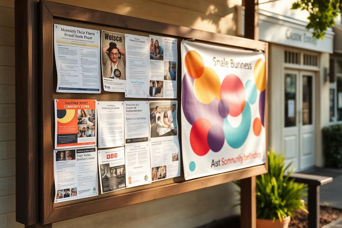 Community noticeboard outside a local library covered with flyers and a small business banner.
