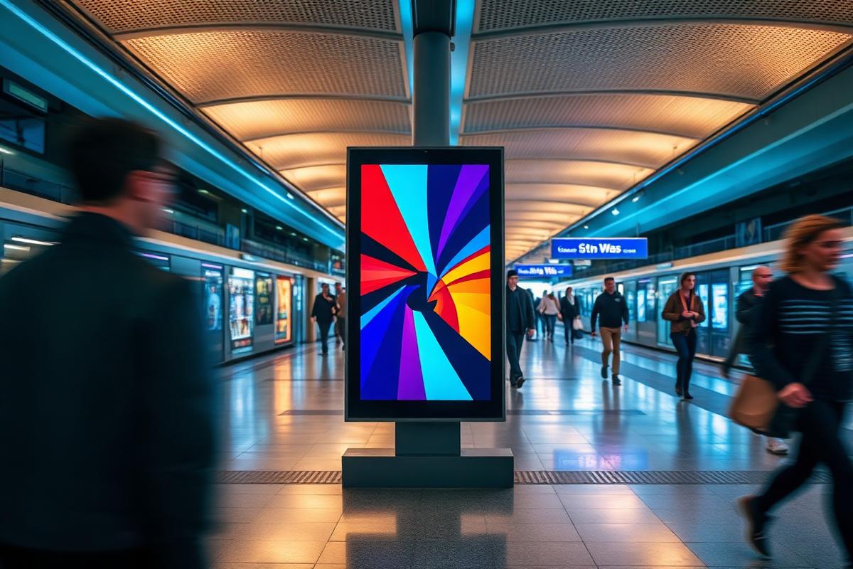 Digital advertising screen inside a busy train station concourse at night.