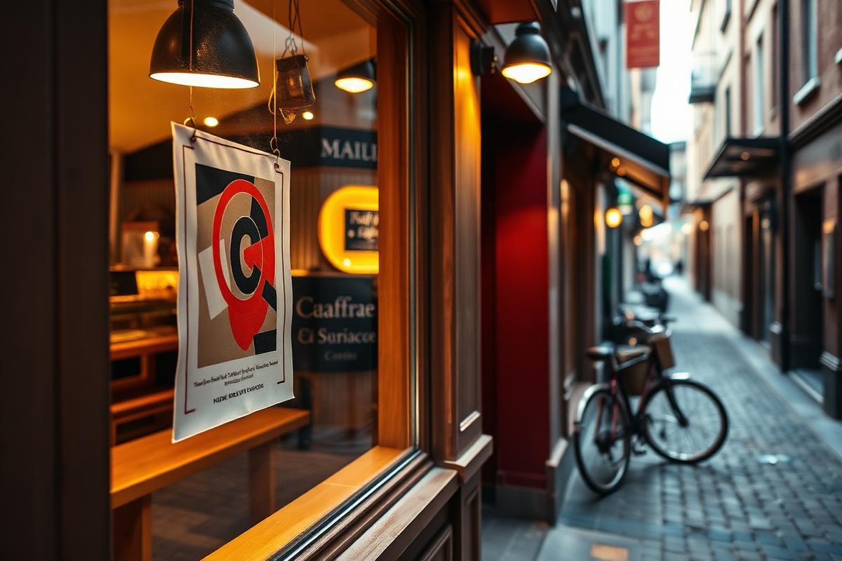 Small promotional poster taped inside an independent cafe window in a laneway.